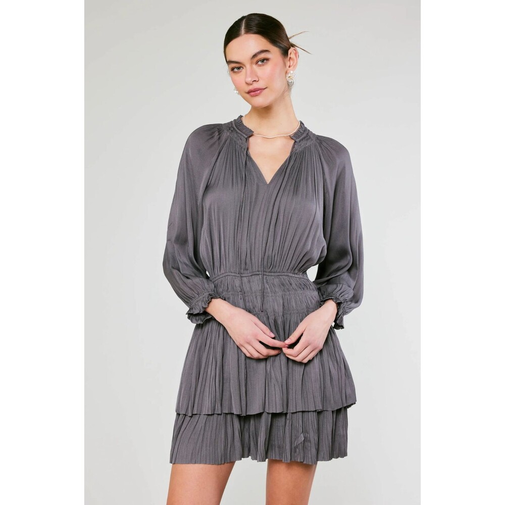 Current Air Womens Dress Gray Cecile Smocked Mini V Neck Fit Flare Pleated Small